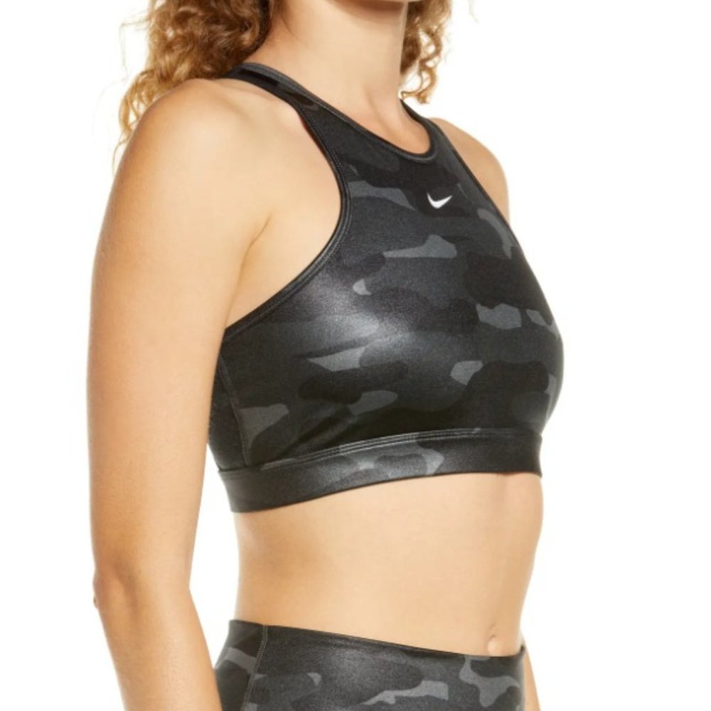 NWT Nike Women's Dri-FIT High Neck Swoosh Bra, Iron Grey Black White Camo, sz S